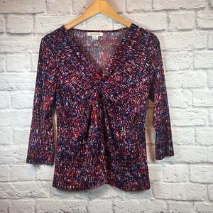 3/$15 Liz Claiborne Stretch 3/4 Sleeve Knotted V-Neck Blouse Colorful Size Small